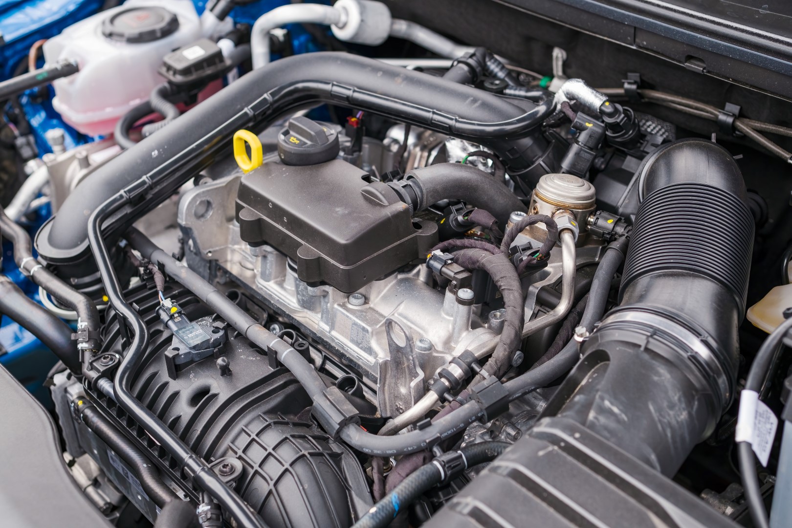 Engine compartment of a modern car, repair or service of automobile